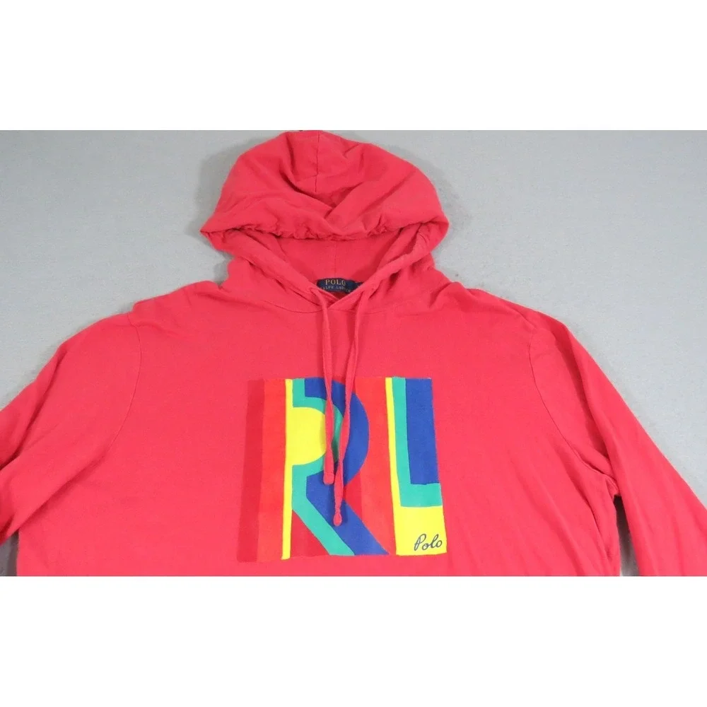 Polo Ralph Lauren RL Logo Hooded T Shirt XL Pink Long Sleeve Pony Cotton Men Top